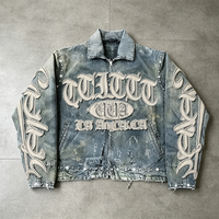Veste et short en jean délavé vintage pour homme avec broderie personnalisée, patchs en strass et toile de coton, style streetwear