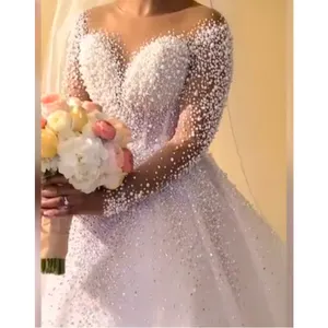 Luxury pearls ball gown wedding dress long sleeve v neck heavy pearl beaded wedding gown bridal dress