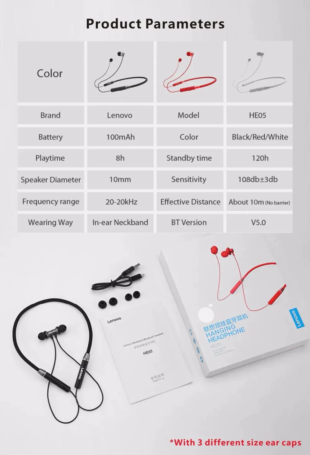 Original Lenovo HE05 earbuds neckband sports 5.0 BT stereo magnetic earphones Waterproof wireless earphone headphone