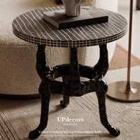 Table d'appoint de salon vintage baroque la plus vendue, ronde, noire et blanche, à motif quadrillé, brillante, sculptée, en bois massif, avec pieds trépieds