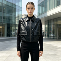 Chaqueta de cuero negra corta para mujer, chaleco de cuero informal estilo urbano, ropa exterior al por mayor hecha a medida