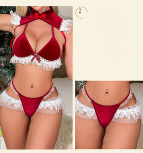 Weihnachts unterwäsche Mode Fluffy Furry BH und Panty Velvet Santa 3 Stück Valentinstag Sexy Elastic Red Dessous - Product Image 6