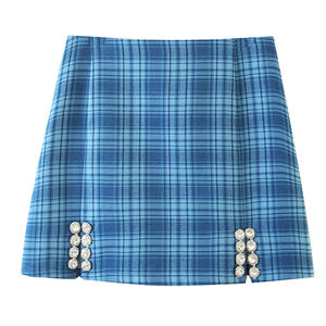 Mini-jupe taille haute à carreaux ornée de strass, motif quadrillé bleu, grande taille, mode féminine N7755 - Product Image 1