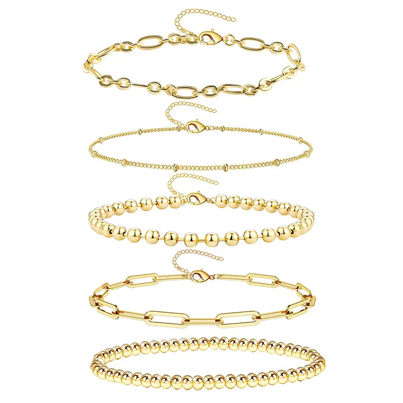 Elegante Multi-camadas 14K Gold Bracelet Set Com Paperclip de cor dourada Link Chain Ouro frisada pulseiras empilháveis 2023
