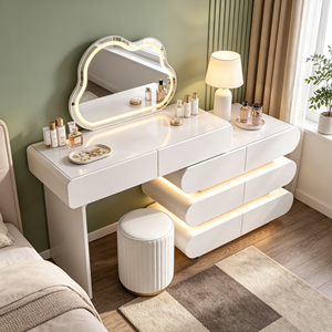 Coiffeuse moderne blanche avec miroir LED, meuble de rangement et tabouret pour chambre à coucher - Product Image 4