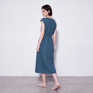Blue <b>Linen</b> viscose Casual <b>Dress</b> Sleeveless V Neck A Line Midi <b>Dress</b> with Belt <b>Summer</b> Wear - Product Image 6