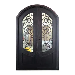 High Quality Villa Metal Double Main Arch Doors Best French Style Safety Glass Security Entrance Wrought Iron Modern Doors