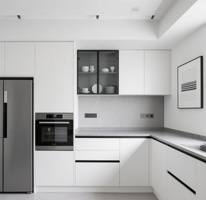 SANTOPOVA Armoires de cuisine modernes et minimalistes blanches à haute brillance avec portes en verre et <span class=keywords><strong>four</strong></span> encastré - Product Image 1