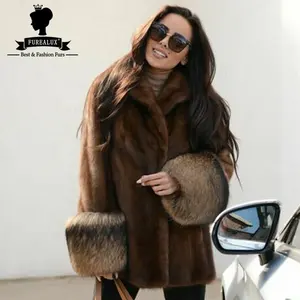 Winter Women Natural Real Mink Fur Lapel Coat With Raccoon Fur Cuffs Whole skin Genuine Mink Fur Medium Brown Jackets Luxury New
