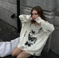 Pull à col en V imprimé papillon et effet usé |   Haut en tricot oversize décontracté - Style vintage, parfait pour la superposition et le streetwear