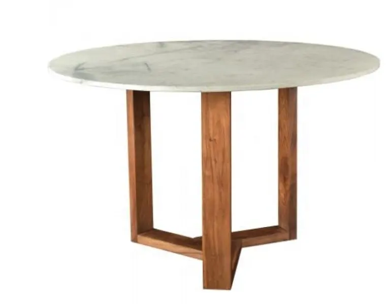 白い大理石とマンゴー無垢材のモダンなダイニングテーブルを備えた工業用ダイニングテーブル