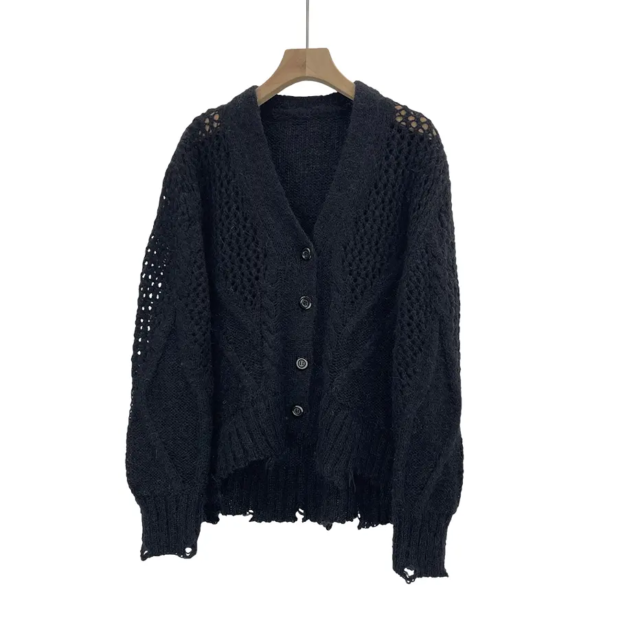 The new and original autumn/winter black mohair breathable knit women's long-sleeve cardigan single-breasted sweater