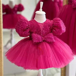 Hôte d'anniversaire Modèle Show Enfants Excellente Robe De Bal À Manches Bulles Princesse Arc Sequin Puffy Robes Pour La Fête