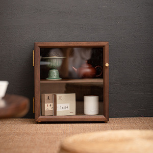 <b>Walnut</b> Wood Double Layer Storage <b>Cabinet</b> For Tea Set Display Desk Organizer With Glass Door And Shelf - Product Image 1