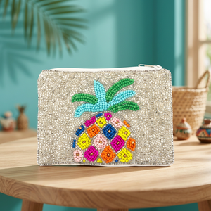 Pochette à monnaie ananas perlée faite à la main, brodée, avec fermeture éclair, multicolore, carrée, pour cadeau ou souvenir - Product Image 3