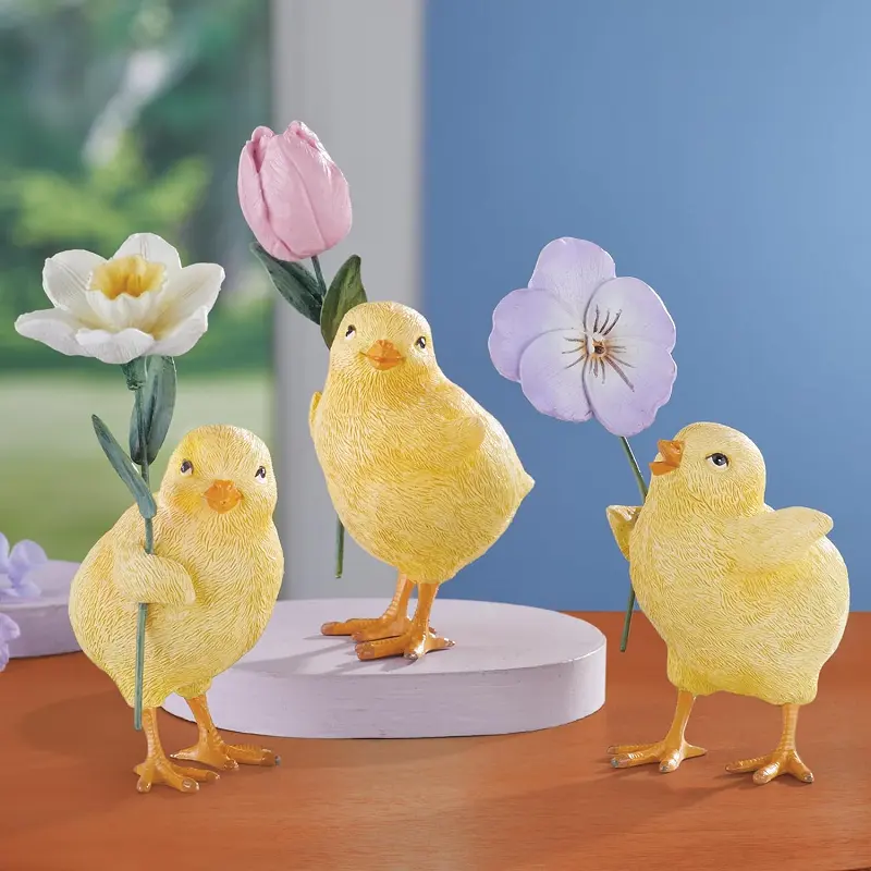 손으로 그린 봄 꽃 아기 수지 치킨 입상 홈 장식용 3 개 세트