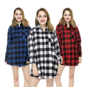 Wholesale Breathable And Soft Long Sleeve Shirts Yarn Dyed Women Plaid Flannel Nightshirts