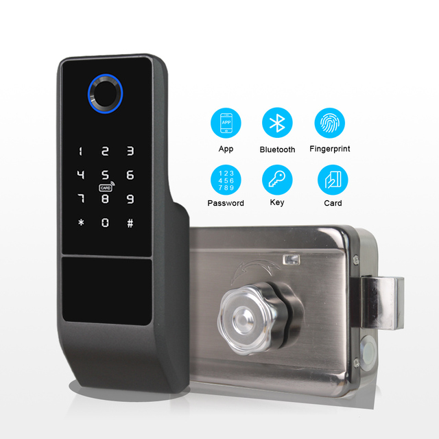 Waterproof TTLock Wifi App Electronic Digital Biometric Fingerprint Smart Rim Door Lock for Outdoor Gate Front Door.