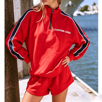 Conjunto de Sudadera con Cierre de Cremallera 1/4 y Logotipo Bordado Personalizado para Mujer, con Ribete a Rayas, Pantalones Cortos Casuales para Estar en Casa, Conjunto de Dos Piezas
