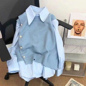 Conjunto de Dos Piezas de Moda Primavera 2025 para Mujer, Chaleco de Punto Color Caramelo y Camisa - Product Image 1