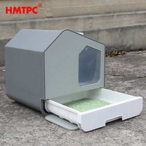 กระบะทรายแมว HMTPC ทรงบ้าน สีเทาอ่อน วัสดุ PP ป้องกันกลิ่น ป้องกันการกระเด็น สำหรับแมว - Product Image 2
