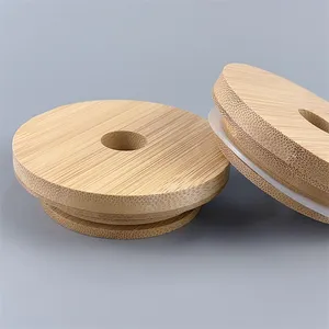 1.5 cm 2 cm thickness bamboo lid with silicon ring free sample ECO-friendly glass jar lid customized Cup lid with hole