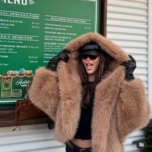 Popular Ladies Hooded Faux <b>Fur</b> <b>Coat</b>, Loose Fit Open Front Soft Furry Women Winter Outer Jacket - Product Image 2