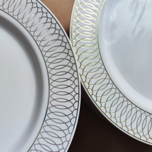Geschirr setzt Teller mit goldenem Rand Muster Besteck Hoch leistungs utensilien Kunststoff Einweg geschirr für Party hochzeit - Product Image 3
