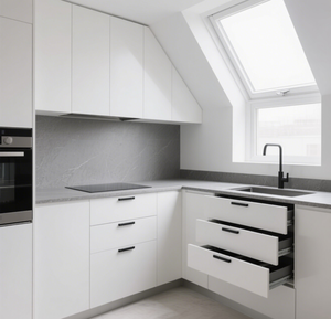 SANTOPOVA Armoires de cuisine modernes et minimalistes blanches à haute brillance avec portes en verre et <span class=keywords><strong>four</strong></span> encastré - Product Image 5