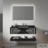 Meuble-lavabo mural moderne double couche en marbre pour hôtel, avec vasque en céramique et miroir inclus, salle de bain intelligente et écologique