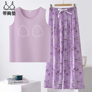 Women Sleepwear Vest And Trousers Set Cotton Silk With Chest Pads Casual Loose Fit For Middle Aged XL 2XL 3XL 4XL - Product Image 4