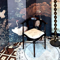 Fauteuil de salle à manger vintage en bois massif sculpté style Wabi-Sabi avec coussin en tissu floral antique, mobilier de maison, chaise d'appoint pour salle à manger