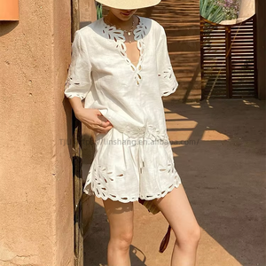 New White Cotton <b>Linen</b> Short Sleeve V-Neck Top Shorts Women's Vacation Style Hollowed Out Ruffle 2 Piece <b>Set</b> Fashion - Product Image 3