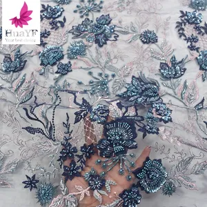 Perlas de encaje vestido de lujo pesado trabajo hecho a mano brillante Floral de tela de encaje bordado lentejuelas francés azul marino 5 yardas HY1265-6