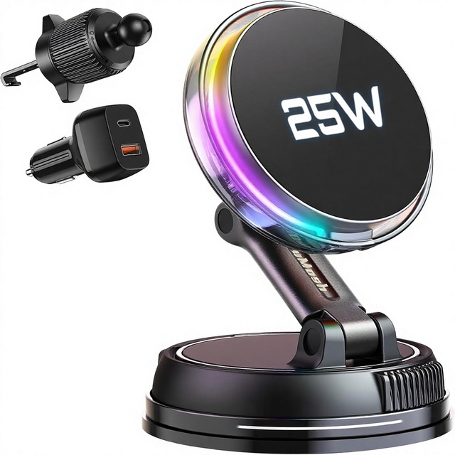 Magnetic Wireless Car Charger 25W Fast Charging, Vacuum Suction 78LBS Cooling Fan RGB Light 360° Rotatable, Universal