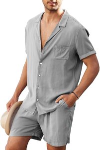 Camicia a maniche corte in <span class=keywords><strong>lino</strong></span> da <span class=keywords><strong>uomo</strong></span> Set camicia Cardigan in <span class=keywords><strong>lino</strong></span> di cotone Casual sciolto pantaloncini camicie da <span class=keywords><strong>spiaggia</strong></span> estive Outfit - Product Image 3