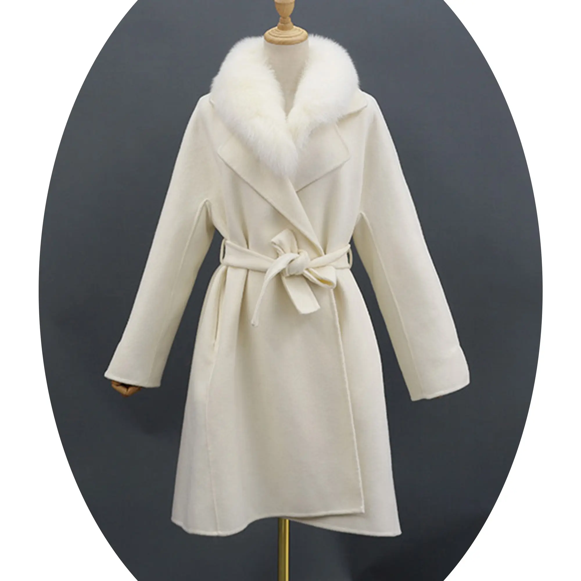 यूरोप संयुक्त राज्य अमेरिका फैशन कश्मीरी कोट महिलाओं पहनने ऊन मिश्रण कोट असली फॉक्स फर कोट के साथ बेल्ट और कॉलर