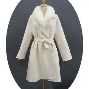 Cappotti in Cashmere moda europa USA le donne indossano cappotto in misto lana vera pelliccia di volpe con cintura e collari