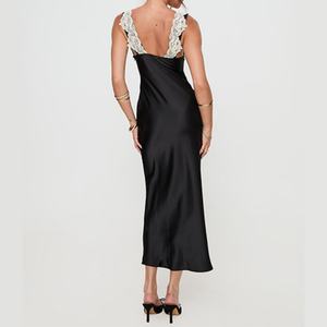 Nouvelle Robe Longue Femme Personnalisée en Satin Doux, Col en V Profond, Dentelle, Nœud, Sans Manches, Coupe Ajustée, Dos Nu, Moulante et Sexy - Product Image 2
