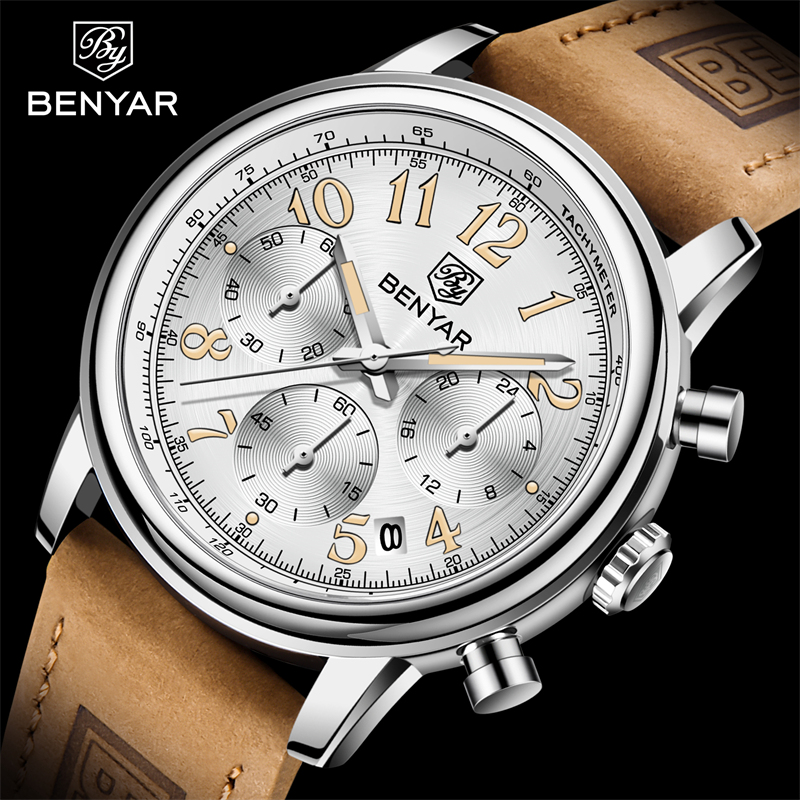 New BENYAR Top Brand Leather Men Quartz Wristwatches Waterproof Chronograph Men Sports Watch for Men Reloj hombre