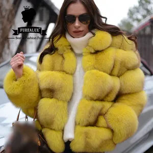 Yellow Pure Natural Fox Fur Women's Coat 55cm Length Luxury Warm Genuine Fur Coat High Quality