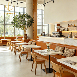 Banquette en cuir courbée orange de style nordique <span class=keywords><strong>moderne</strong></span>, table carrée en pierre frittée avec chaise en bois, mobilier de café et de restaurant - Product Image 4