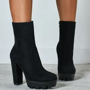 Leopard Print Botas De Cuero Platform Thick Sole Chunky Heel Suede Leather Women's Ankle Boots for Winter