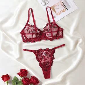Set Lingerie Wanita Seksi 2-Potong, Bra Transparan Berbahan Mesh dengan Bordir Bunga dan G-string, Ukuran XL, Romantis, Menggoda, Tali Dapat Disesuaikan - Product Image 2