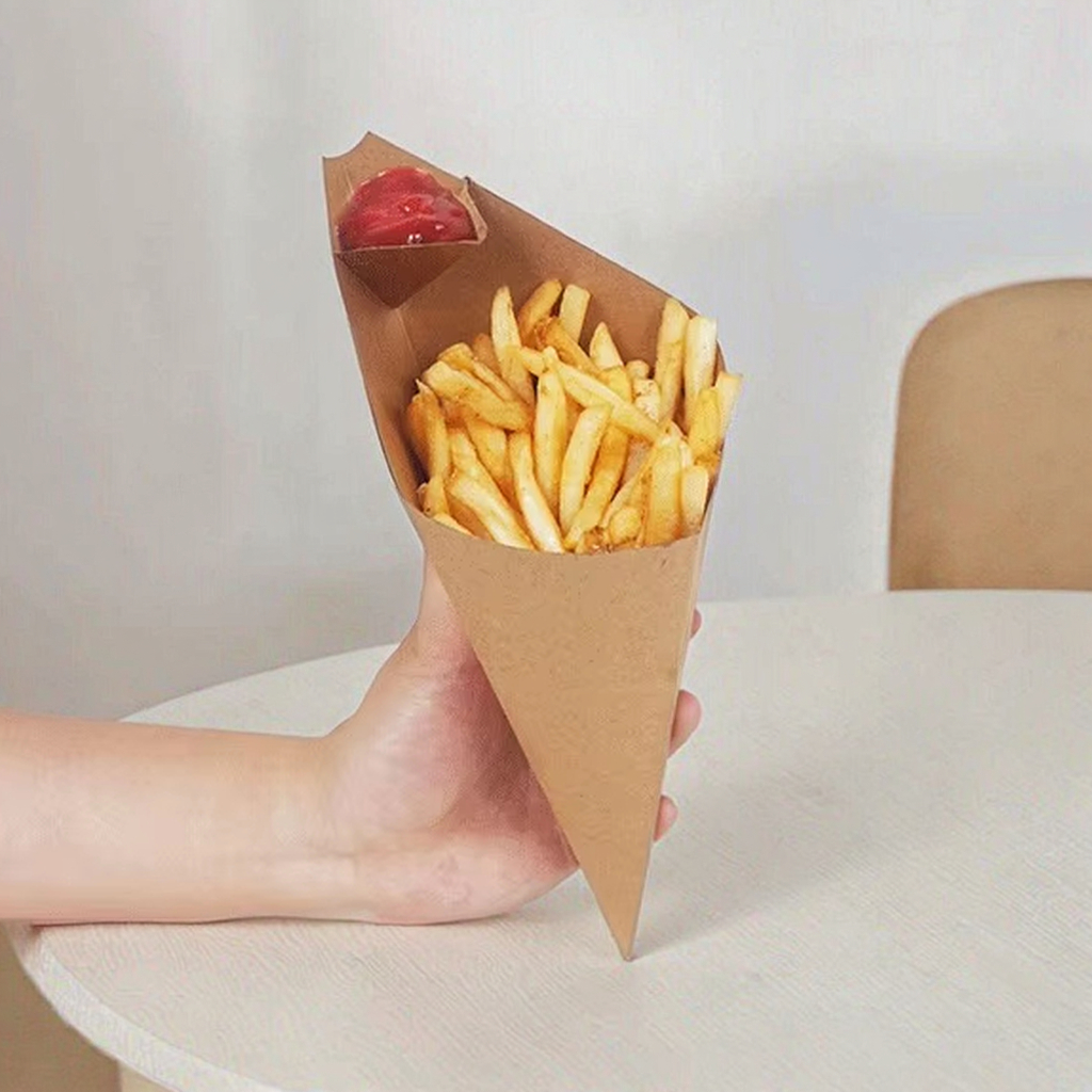 Single Wall Disposable Kraft Paper Cup for French Fries Anti-Oil with Built-In Sauce Container Customizable Food Packaging
