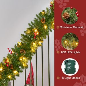 <span class=keywords><strong>Guirlande</strong></span> <span class=keywords><strong>de</strong></span> Noël LED pré-éclairée <span class=keywords><strong>de</strong></span> 2,7 m (9 pieds) blanc chaud avec 27 cônes <span class=keywords><strong>de</strong></span> pin et 27 baies rouges (alimentée par piles) pour usage intérieur/extérieur - Product Image 2