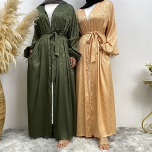 On Sale 9.9 Satin Material Pretty Pattern Loose Sleeves With Feather Cuff Elegant Cardigan Luxury New Muslim <b>Abaya</b> 1950# - Product Image 2
