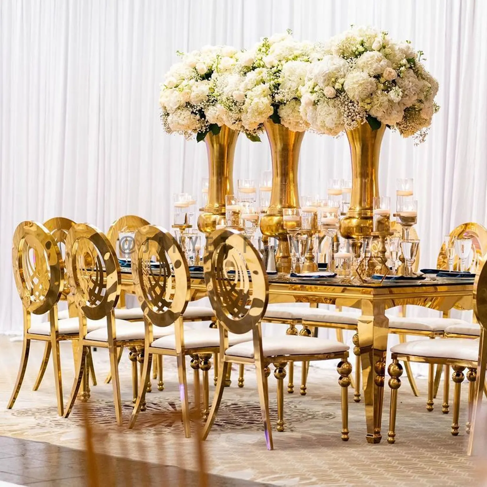 Luxury Event Rental Royal Banquet Venue Stainless Steel Wedding Hall Chairs Gold