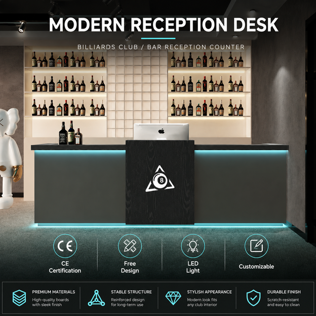 Modern Durable MDF Dark Two-Tone Billiards Club Bar Counter Blue Base LED Light Custom 8 Ball Logo Reception Desk Hotels Gyms
