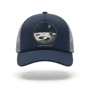 Gorra Trucker de Espuma con Estampado Personalizado al por Mayor, Diseño Explorador Lunar Espacial, Malla Azul Marino, Perfil Alto, 5 Paneles, Visera Curva, Alta Calidad - Product Image 1